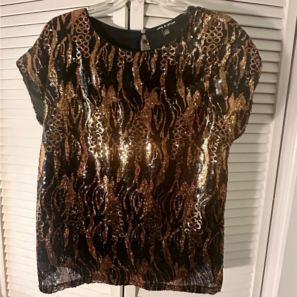 Black and Gold Cable and Gauge Sequin Blouse with Cap Sleeves